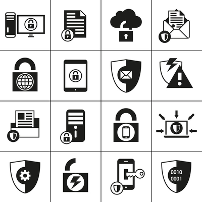 Business database protection technology and cloud network access icons set black vector illustration