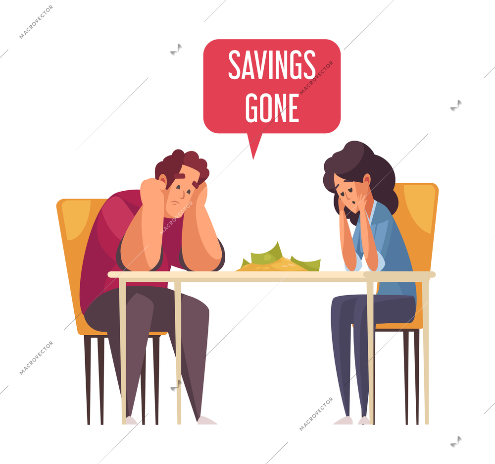 Sad family with gone money savings cartoon vector illustration