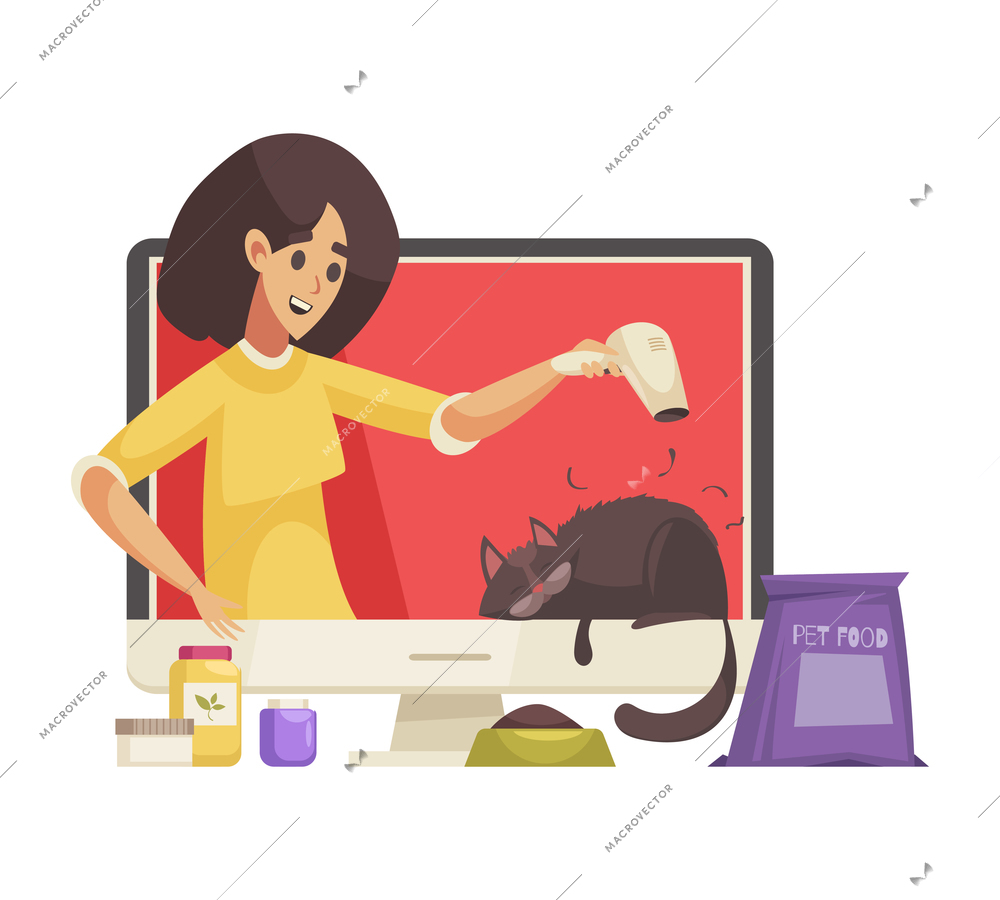 Woman video blogger telling about pet care cartoon vector illustration