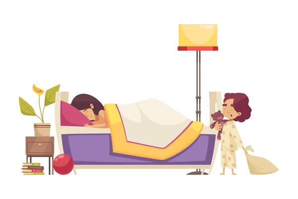 Sleep time flat composition with woman in bed and yawning little kid vector illustration