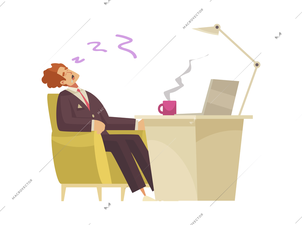 Flat composition with tired man sleeping at his work place vector illustration