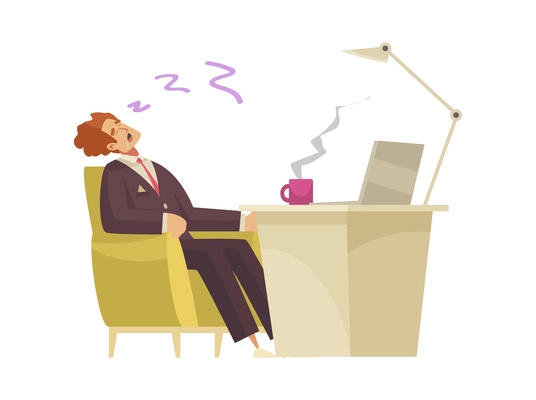 Flat composition with tired man sleeping at his work place vector illustration