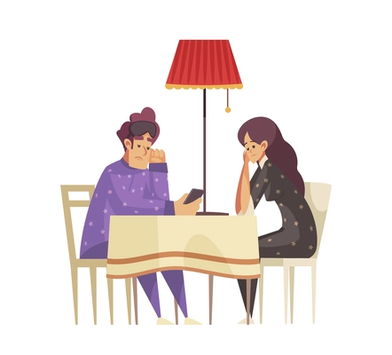 Sleep time composition with two people in pyjamas suffering from insomnia sitting at table flat vector illustration