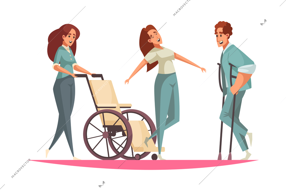 Cartoon physiotherapy composition with people on wheelchair and with crutches vector illustration