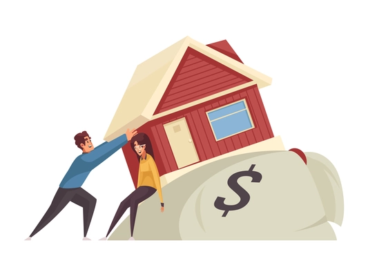 Mortgage credit cartoon icon with people house and bag of money vector illustration