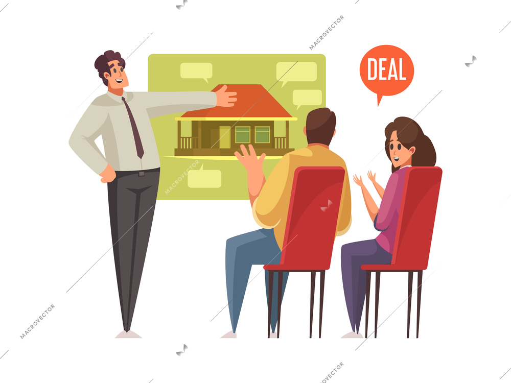 Mortgage cartoon icon with family choosing house at real estate agency vector illustration