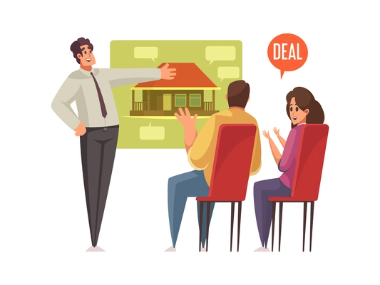 Mortgage cartoon icon with family choosing house at real estate agency vector illustration