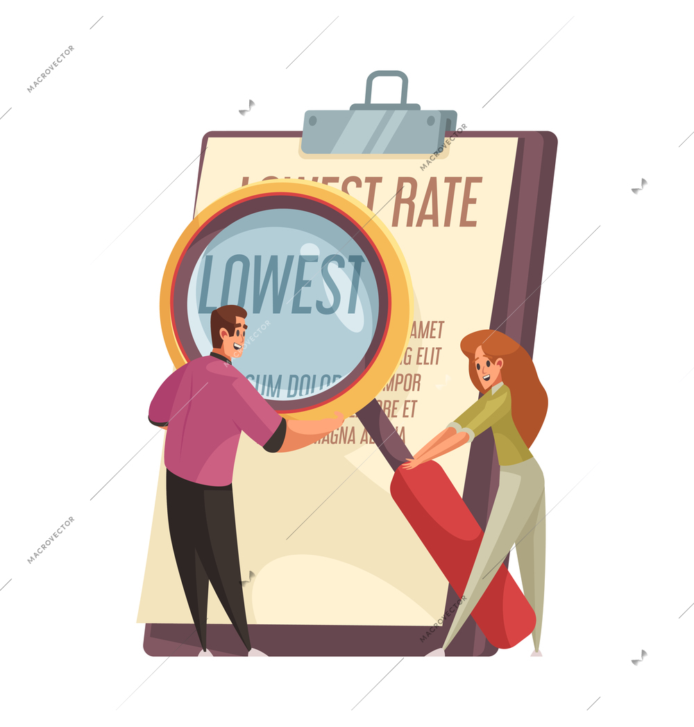 Cartoon icon with people taking out mortgage at lowest rate vector illustration
