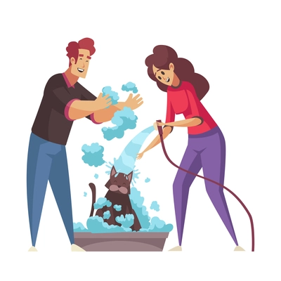 Grooming flat icon with people washing cat vector illustration