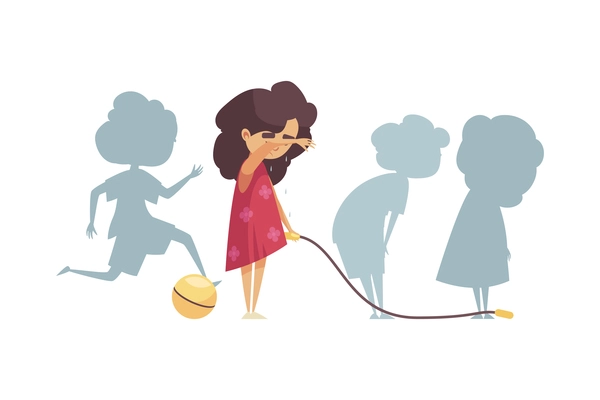 Little crying girl walking alone with jumping rope and ball cartoon vector illustration