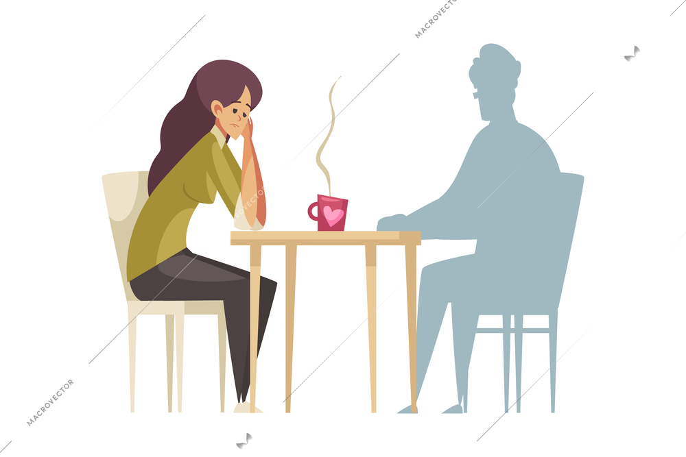 Frustrated lonely woman sitting at table in front of man silhouette cartoon vector illustration