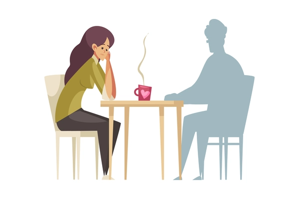 Frustrated lonely woman sitting at table in front of man silhouette cartoon vector illustration