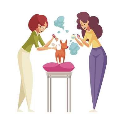 Grroming flat icon with two women scenting small dog with perfume vector illustration