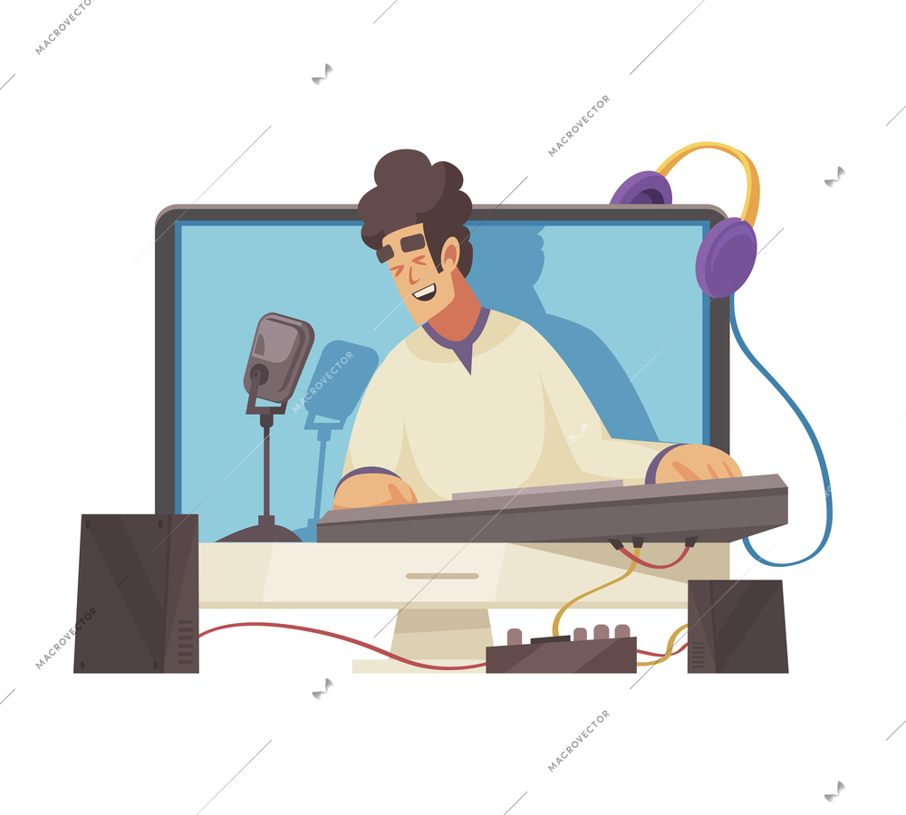 Cartoon video blogger singing and playing keyboard online vector illustration