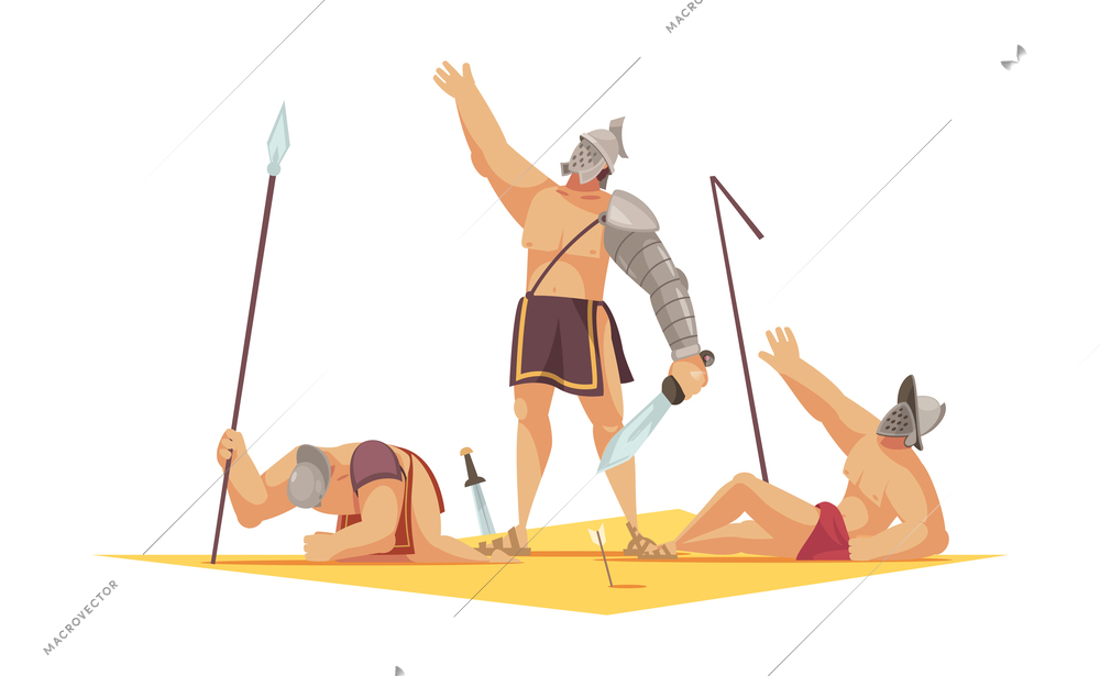 Roman gladiator cartoon composition with winner and two losers lying on ground vector illustration