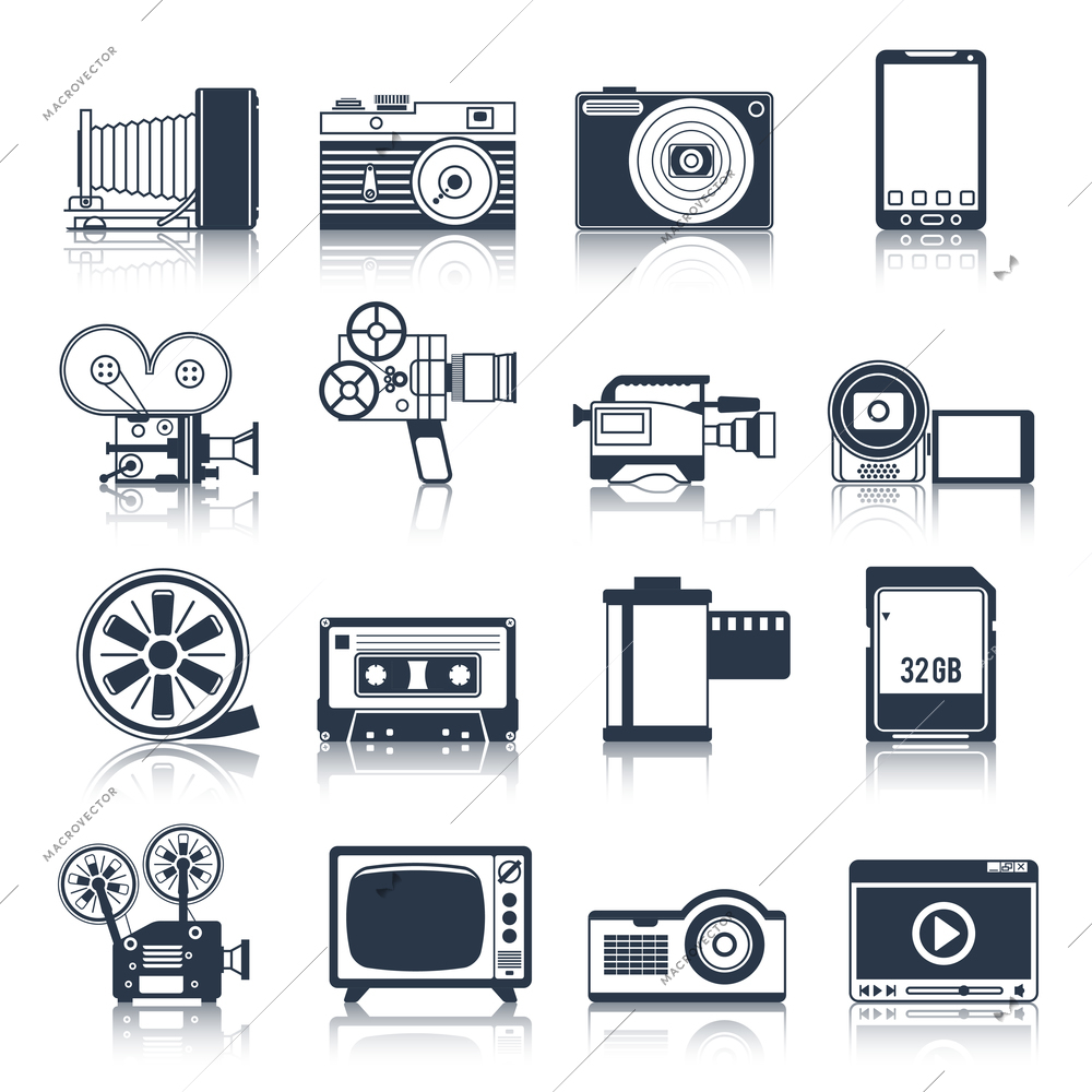 Photo video camera and multimedia professional equipment black icons set isolated vector illustration