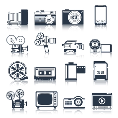 Photo video camera and multimedia professional equipment black icons set isolated vector illustration