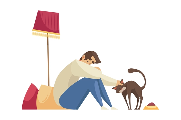 Cartoon composition with lonely man sitting on floor and stroking pet vector illustration