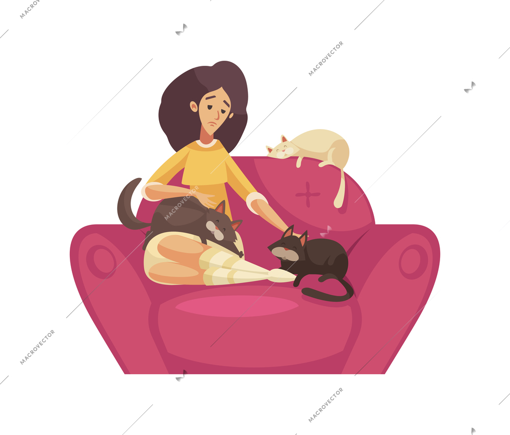 Lonely sad woman sitting in armchair with three cats cartoon vector illustration