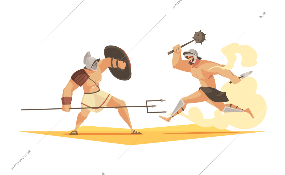 Cartoon composition of two fighing armed roman gladiators vector illustration