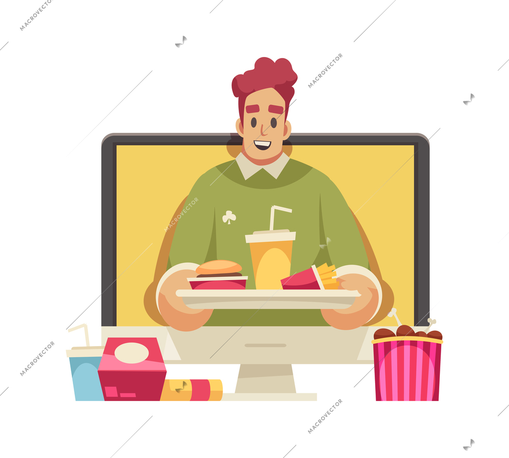 Cartoon icon with happy male blogger holding tray with fast food vector illustration