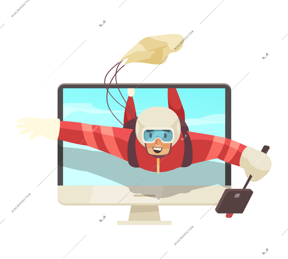 Extreme sports blogger shooting video while skydiving cartoon vector illustration