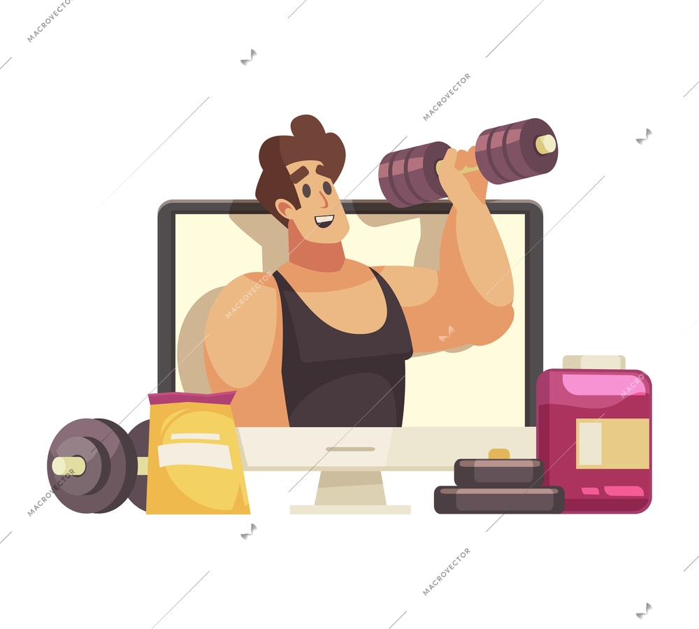 Cartoon icon with sports blogger equipment and nutrition vector illustration