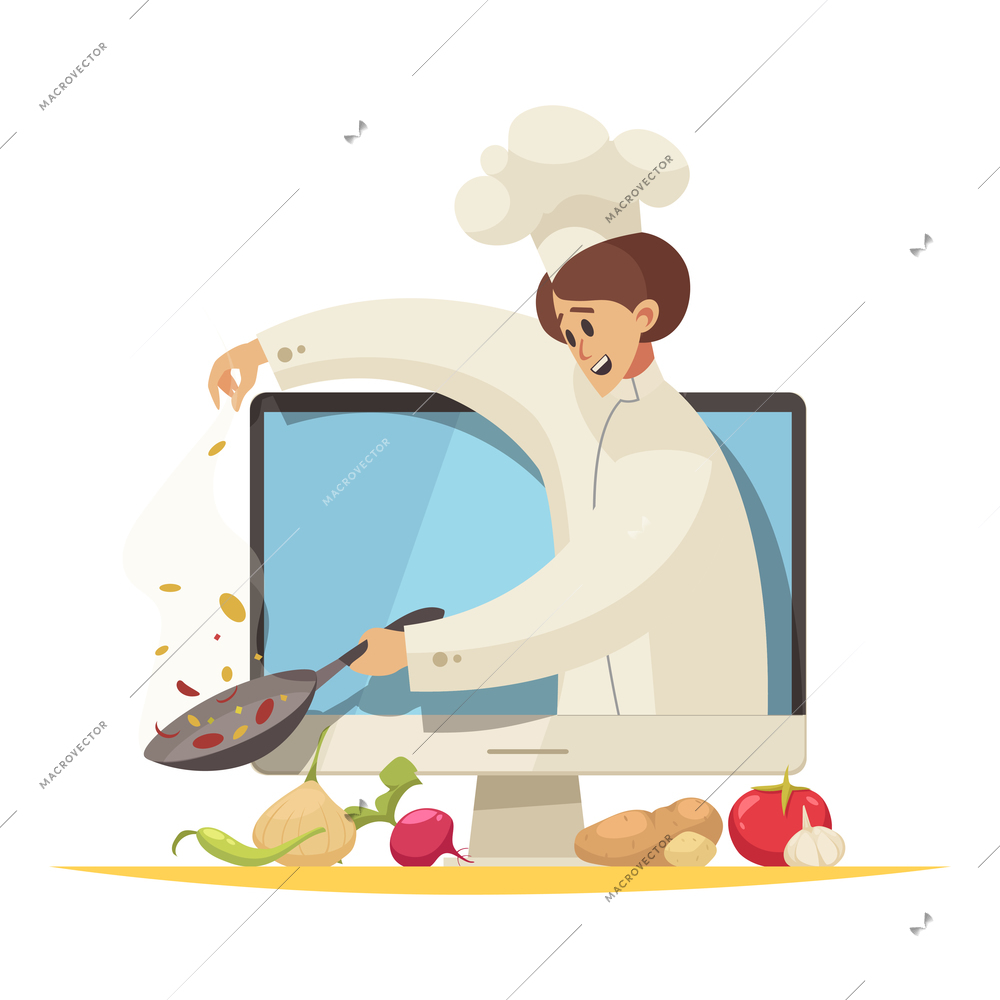 Cooking school flat composition with chef preparing food on computer monitor vector illustration