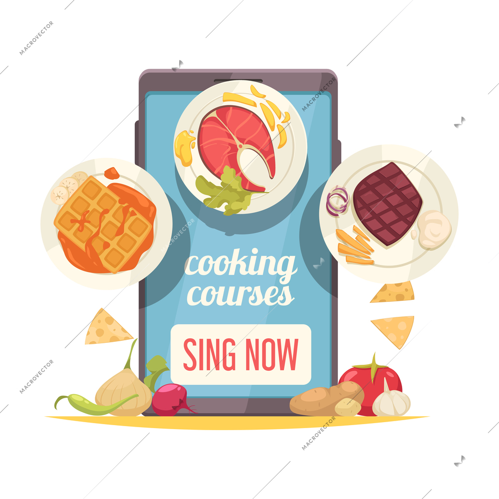 Cooking school colored concept with tablet and plates with served dishes flat vector illustration