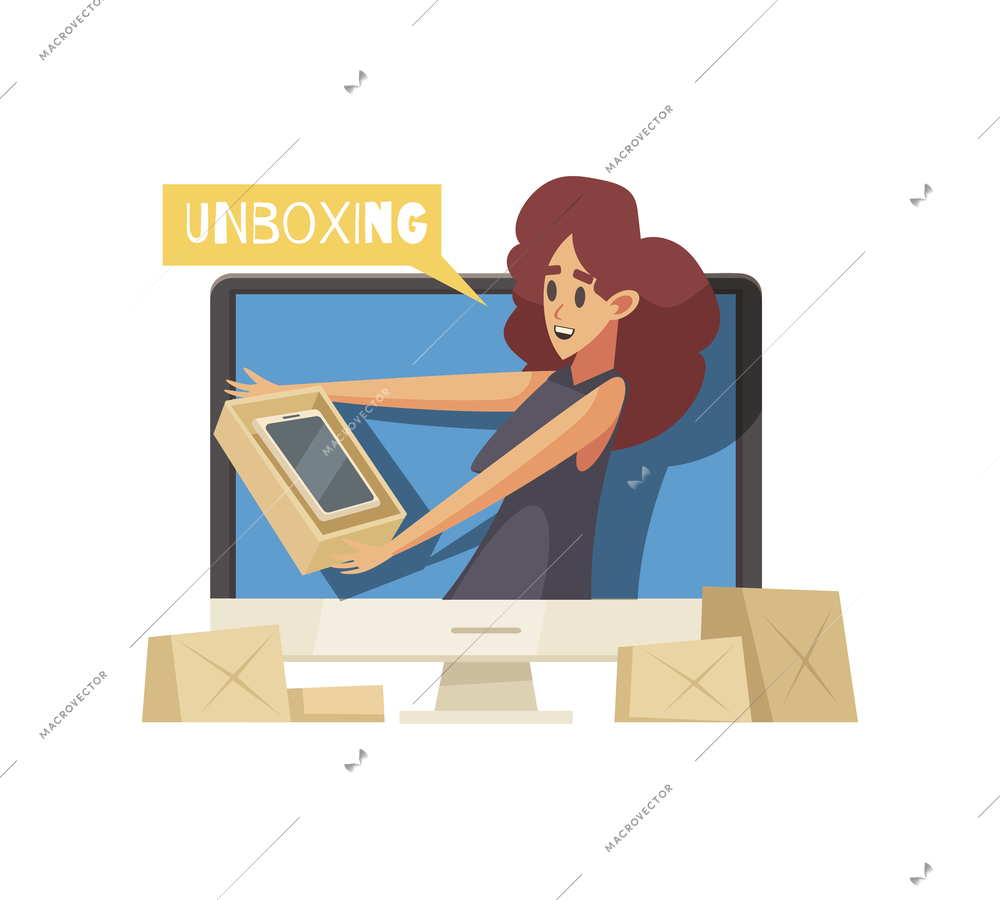 Unboxing video blogger cartoon icon with woman holding cardboard box vector illustration