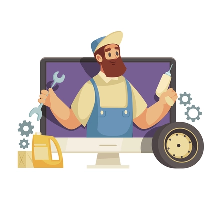 Do it yourself video blogger cartoon icon with character of mechanic on computer screen vector illustration