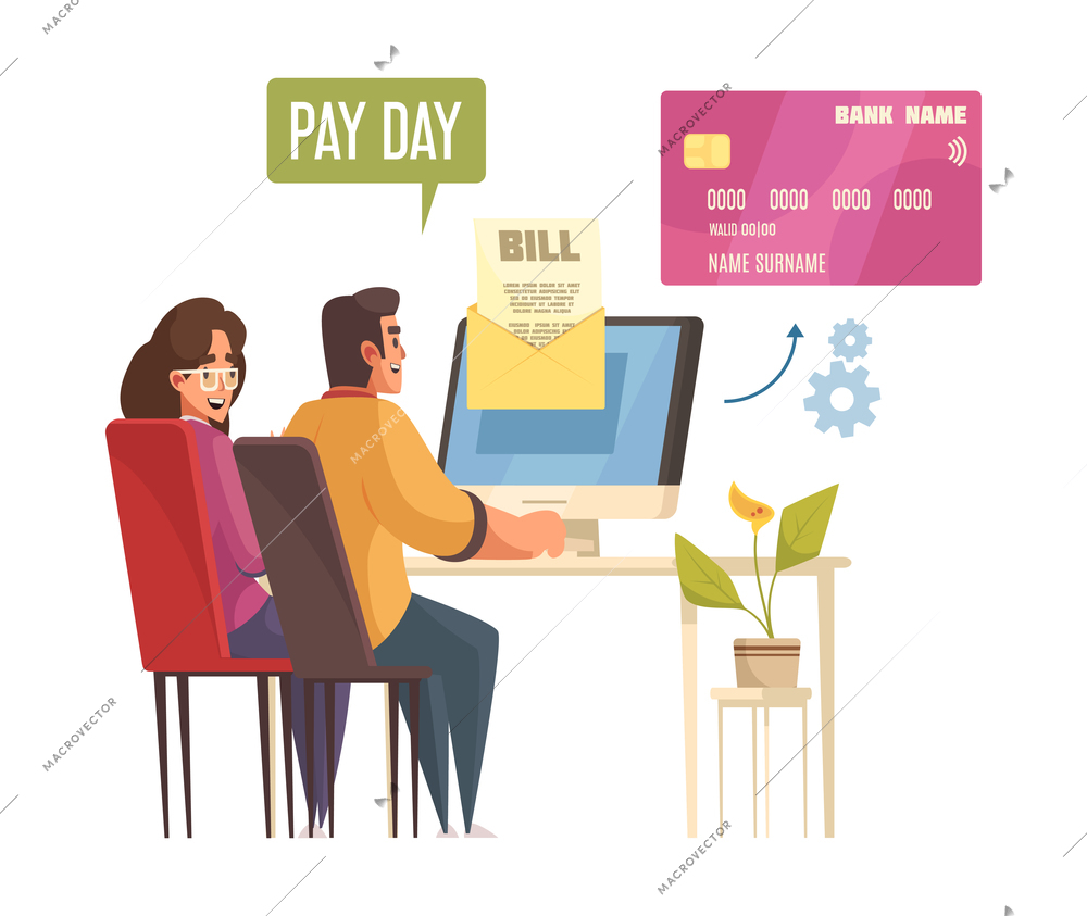 Mortgage pay day composition with happy people and bank card vector illustration