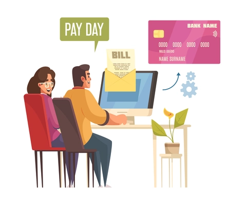 Mortgage pay day composition with happy people and bank card vector illustration