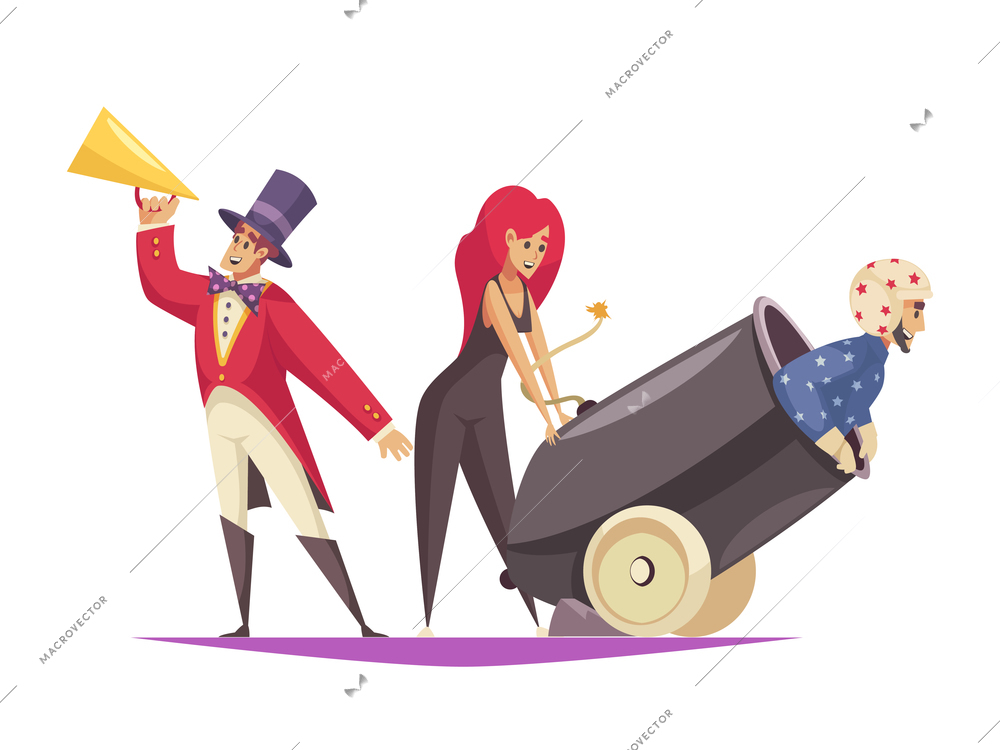 Circus performance cartoon composition with man sitting in cannon vector illustration