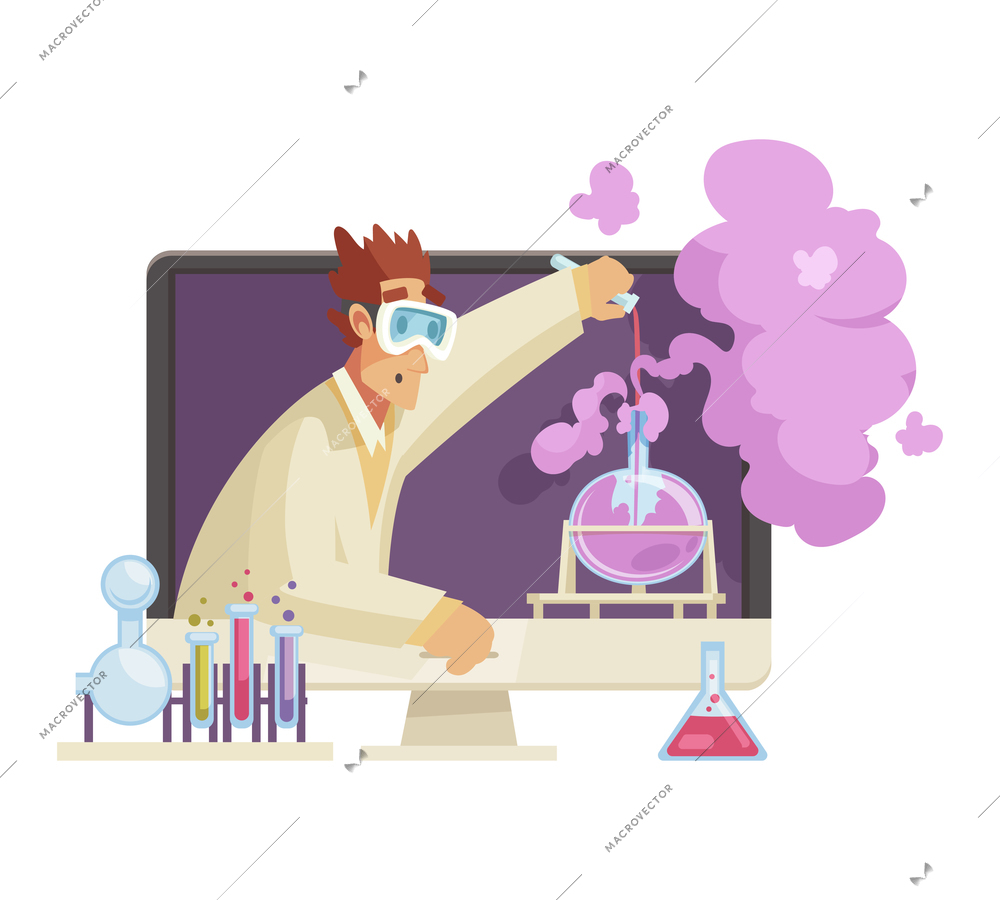 Male blogger carrying out scientific experiments with chemicals in his video cartoon vector illustration