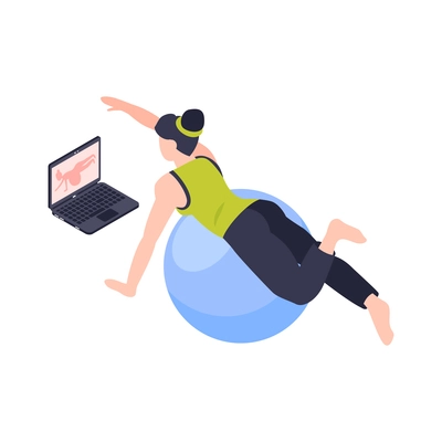 Woman doing fitness on fitball while watching video tutorial at home 3d isometric vector illustration
