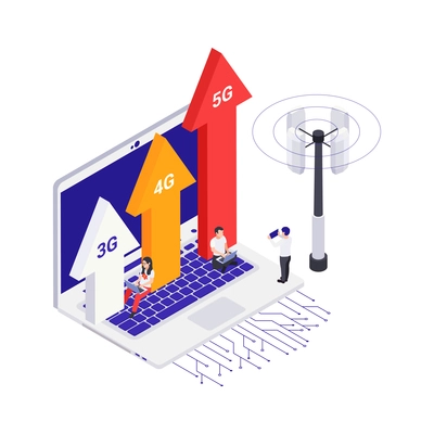 Isometric concept with laptop and people using fast 5g internet vector illustration