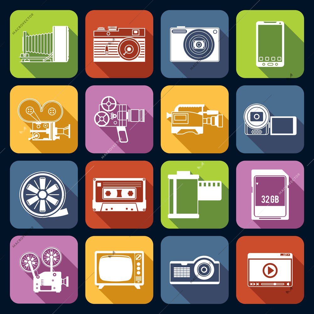 Photo video camera and multimedia professional computer equipment white icons set isolated vector illustration