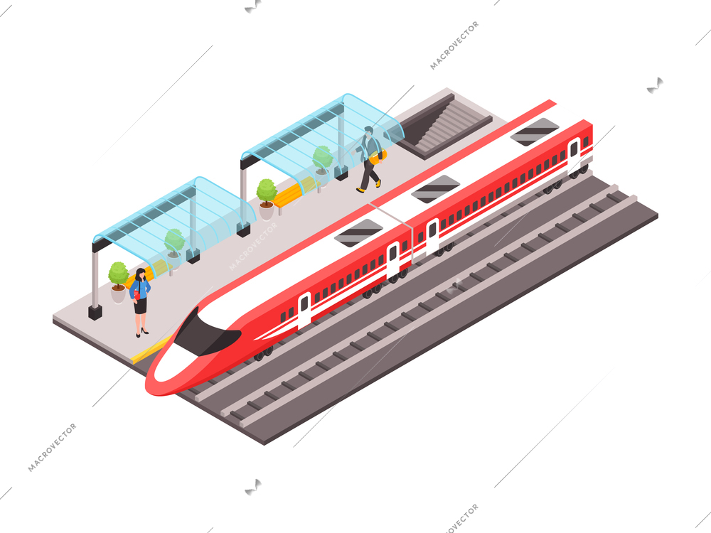 City public transport isometric icon with high speed train and people on platform 3d vector illustration