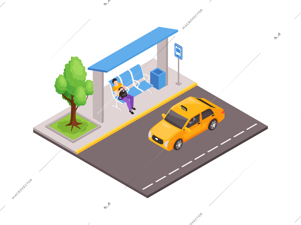 Isometric city public transport icon with man at bus shelter and yellow taxi on road vector illustration