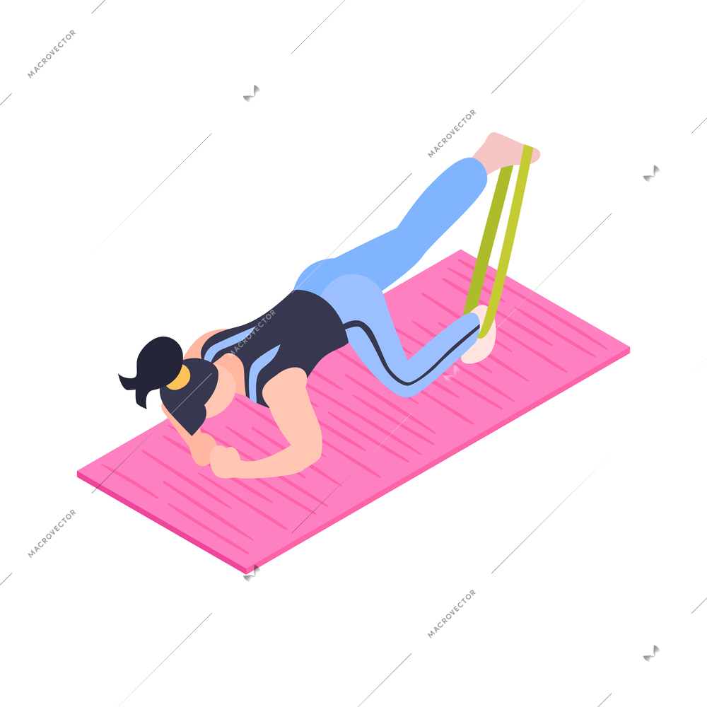 Isometric fitness icon with character exercising with stretching band vector illustration