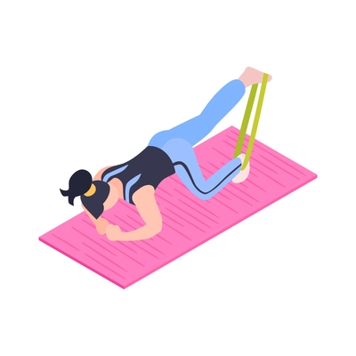 Isometric fitness icon with character exercising with stretching band vector illustration