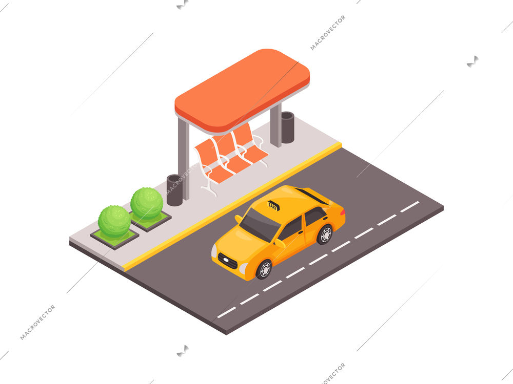 Public transport isometric icon with modern bus shelter and taxi car on road vector illustration