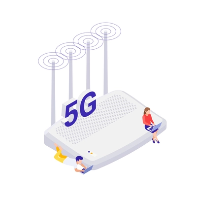 Isometric internet 5g technology icon with router and people with laptops on white background vector illustration