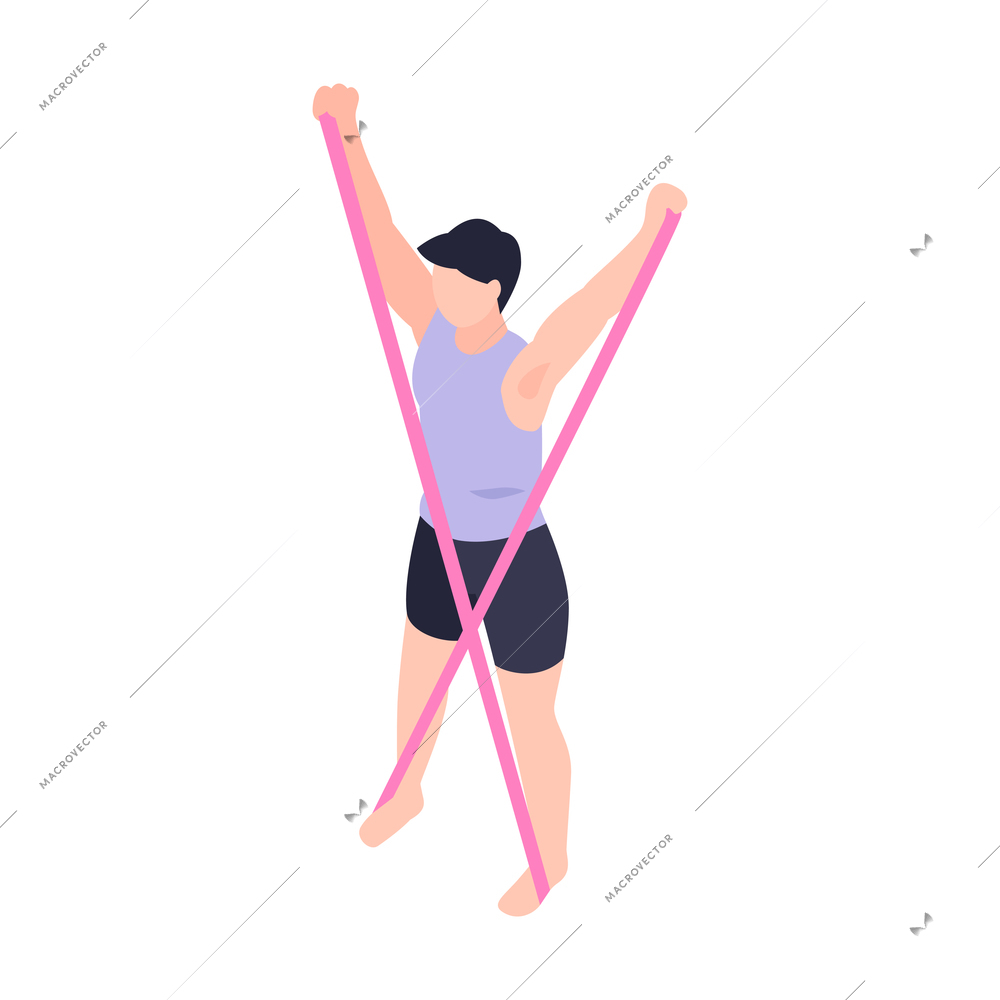 Fitness isometric icon with man doing workout with stretching band vector illustration