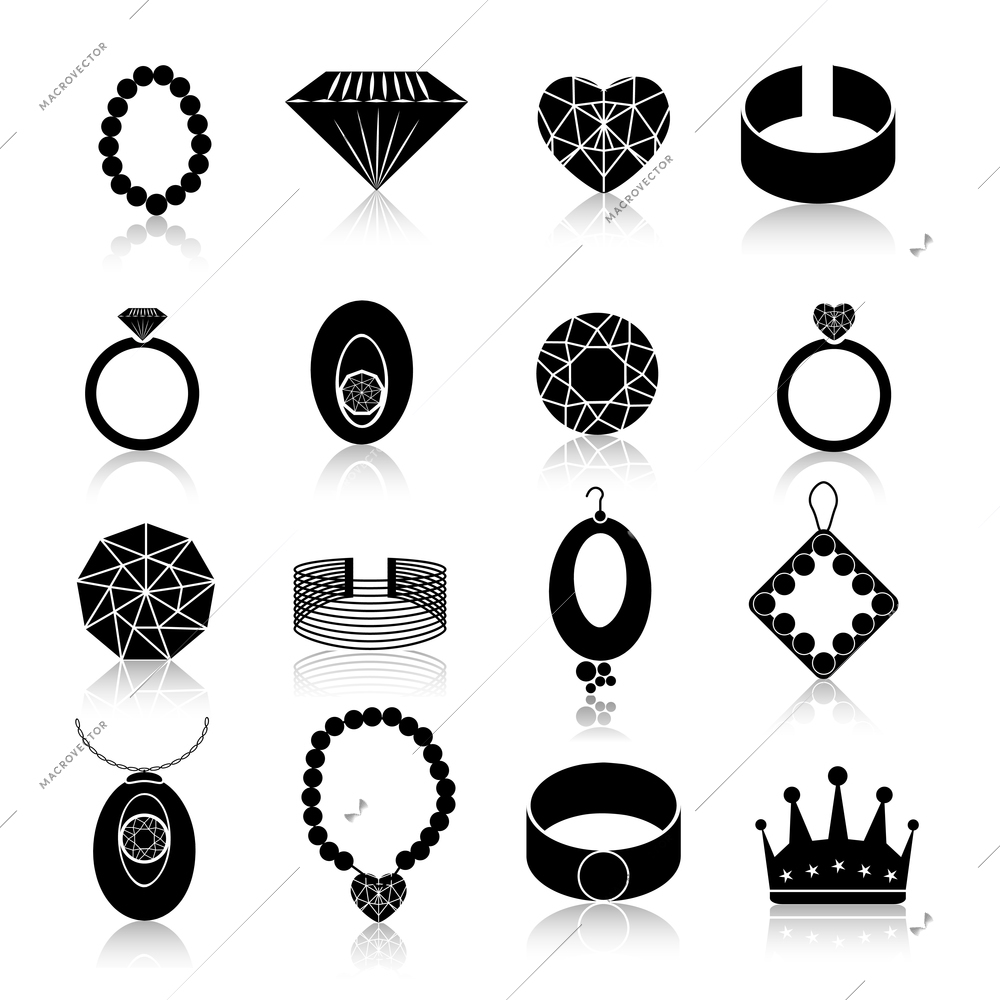 Jewelry icons black set of fashion expensive gems and treasure accessories isolated vector illustration