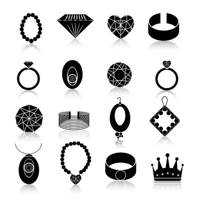 Jewelry icons black set of fashion expensive gems and treasure accessories isolated vector illustration