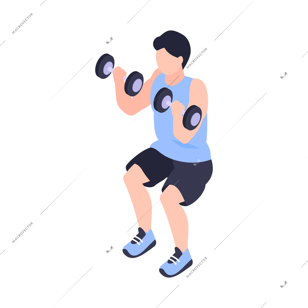 Man doing fitness with sports equipment isometric icon vector illustration