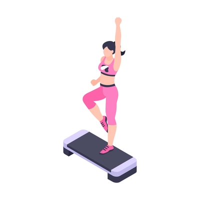 Isometric icon with woman in pink sport clothes exercising on stepper vector illustration