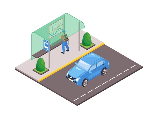 Isometric icon with blue car on road and man looking at map at bus shelter vector illustration